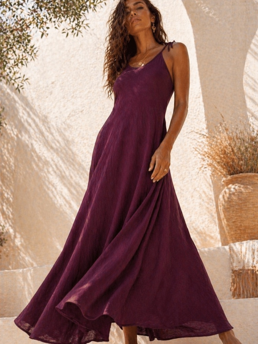 Boho Maxi Dress L/XL Organic Viscose Cotton Burgundy Tie Strap Flowy Relaxed Fit